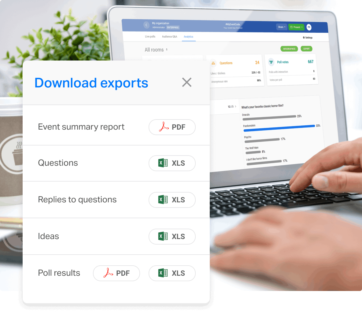 A person downloading analytics from Slido admin. Available options are: summary report, questions, replies to questions, ideas and poll results.