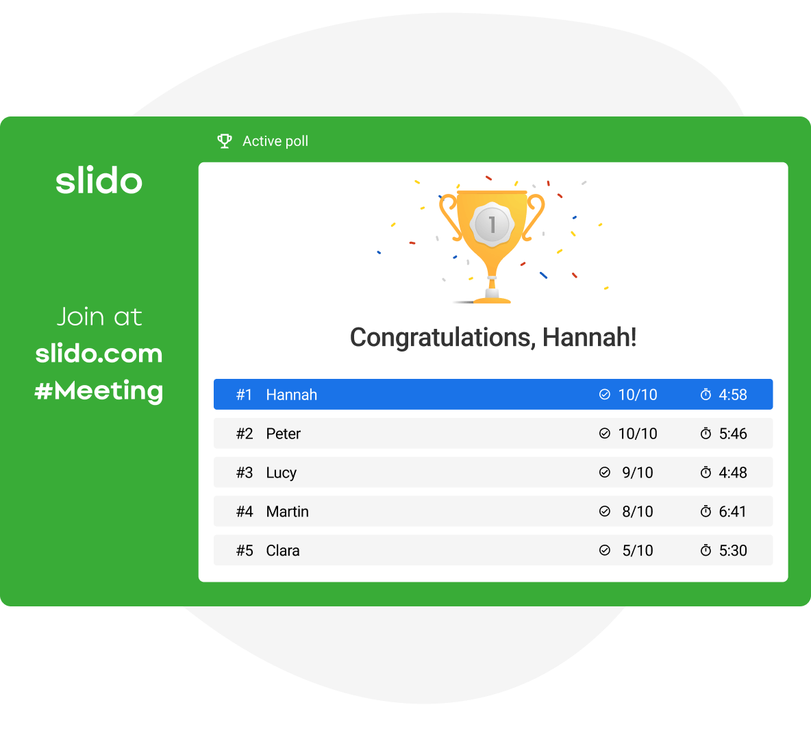 A quiz results congratulating Hannah on winning with all 10 questions correctly answered in 4 minutes and 58 seconds.